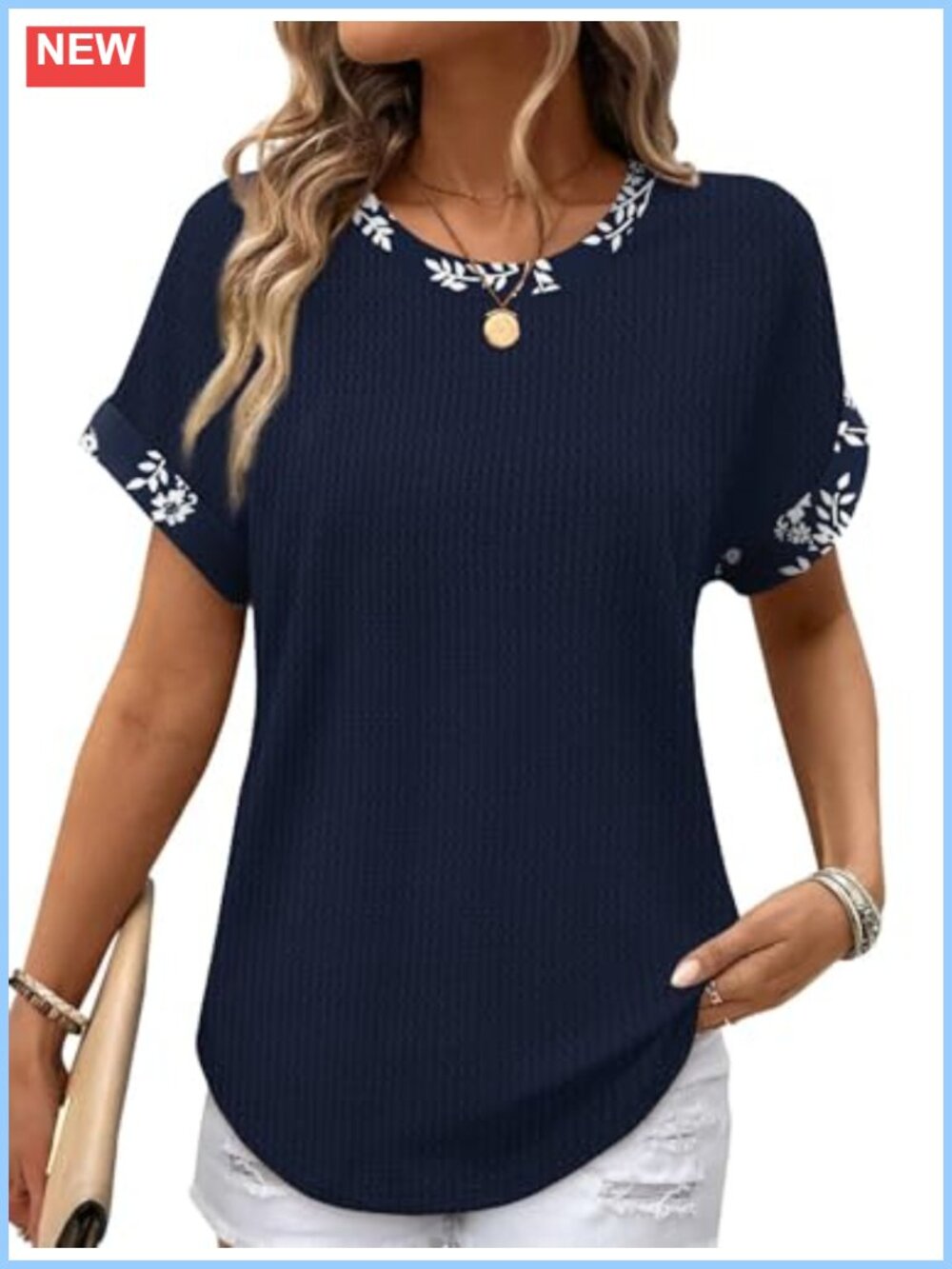 Waffle Knit Short Sleeve Crew Neck Curved Hem Tunic Top for Women Loose Fit